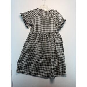Women’s Medium Black White Checkered Peasant Dress Feminine Ruffle Short Sleeve